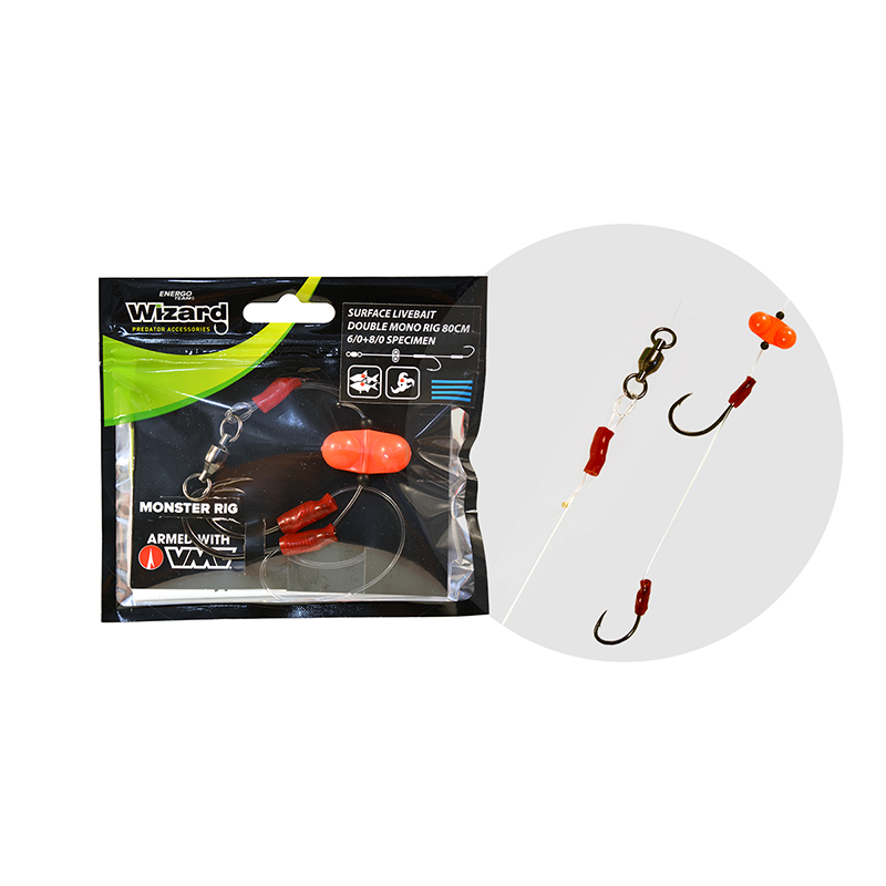 WIZARD MONSTER SURFACE LIVEBAIT DOUBLE MONO RIG 7/0+9/0 ROUND